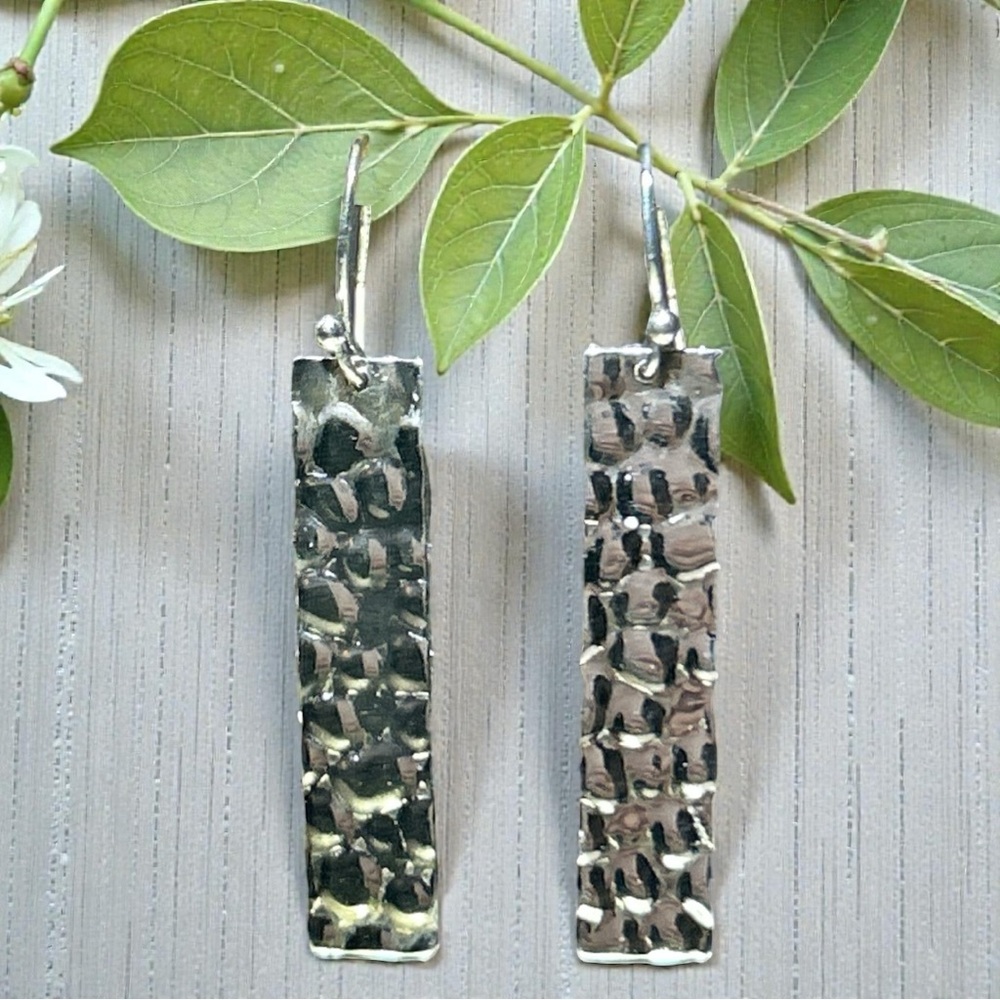 Sterling Silver Hammered Rectangular Dangle‎ Pierced Earrings